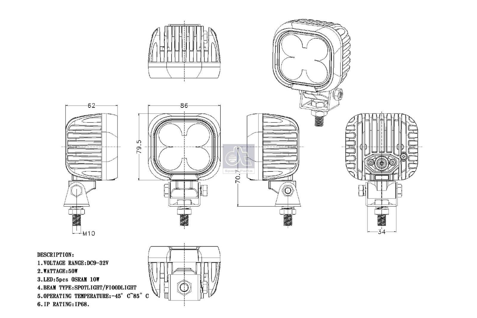 Work lamp, LED DT Spare Parts 9.69034