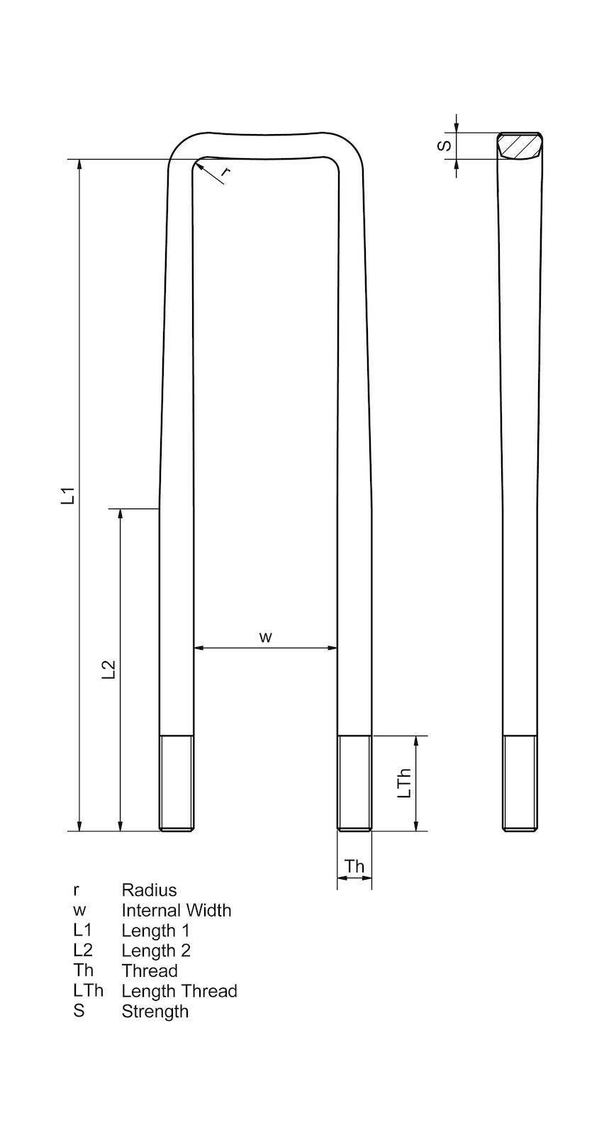 Perno en U DT Piezas de repuesto 2.62561 Perno en U M24 x 3 LTh: 70 mm L: 470 mm w: 92 mm